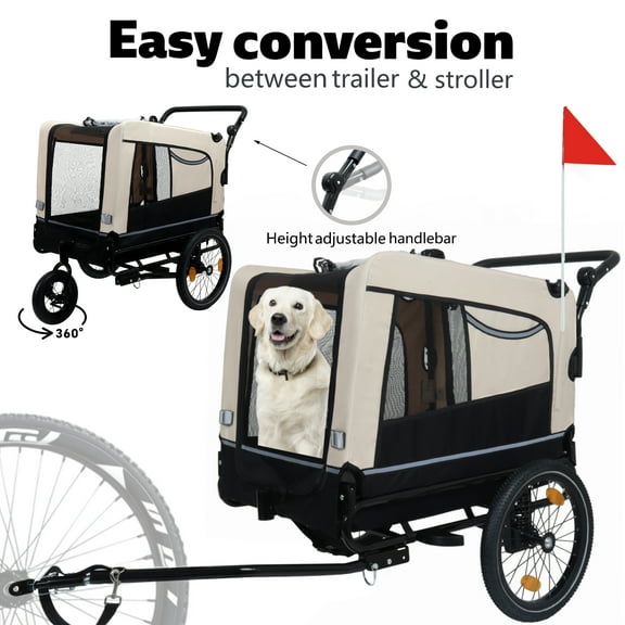 Zephypaws Dog Bike Trailer,Supports up to 88 lbs,2-in-1 Pet Stroller Cart Bicycle Carrier,Easy Folding Cart Frame with Quick Release Wheels,Universal Bicycle Coupler,Reflectors,Flag,Black Beige