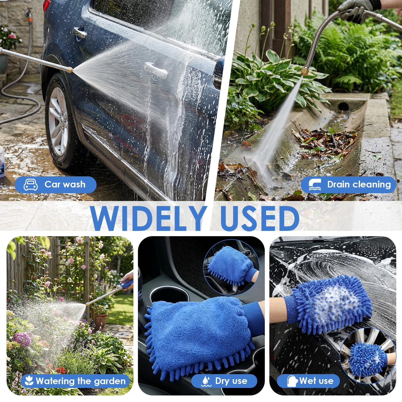 Jet Nozzle High Pressure Hose Nozzle with Extension Wand 2-in-1 High Pressure Power Washer for Car Washing Gutter Cleaning Watering with 2 Different Tips Quick Connectors and Gloves 18 Inch Blue