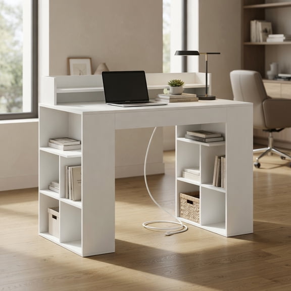 Resenkos 43-Inch Computer Desk with Power Outlets and 2 Built-In Bookcases - White