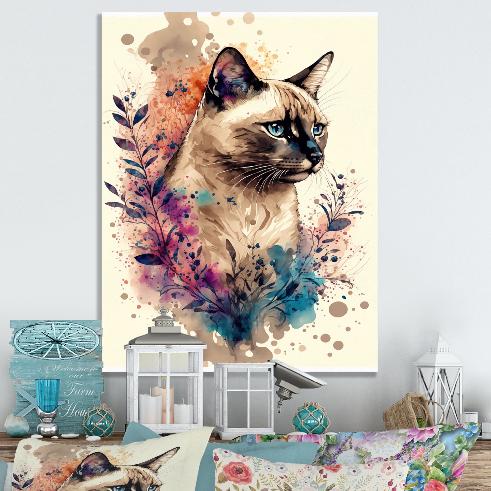 Designart Cute Siamese Floral Art III Canvas Wall Art