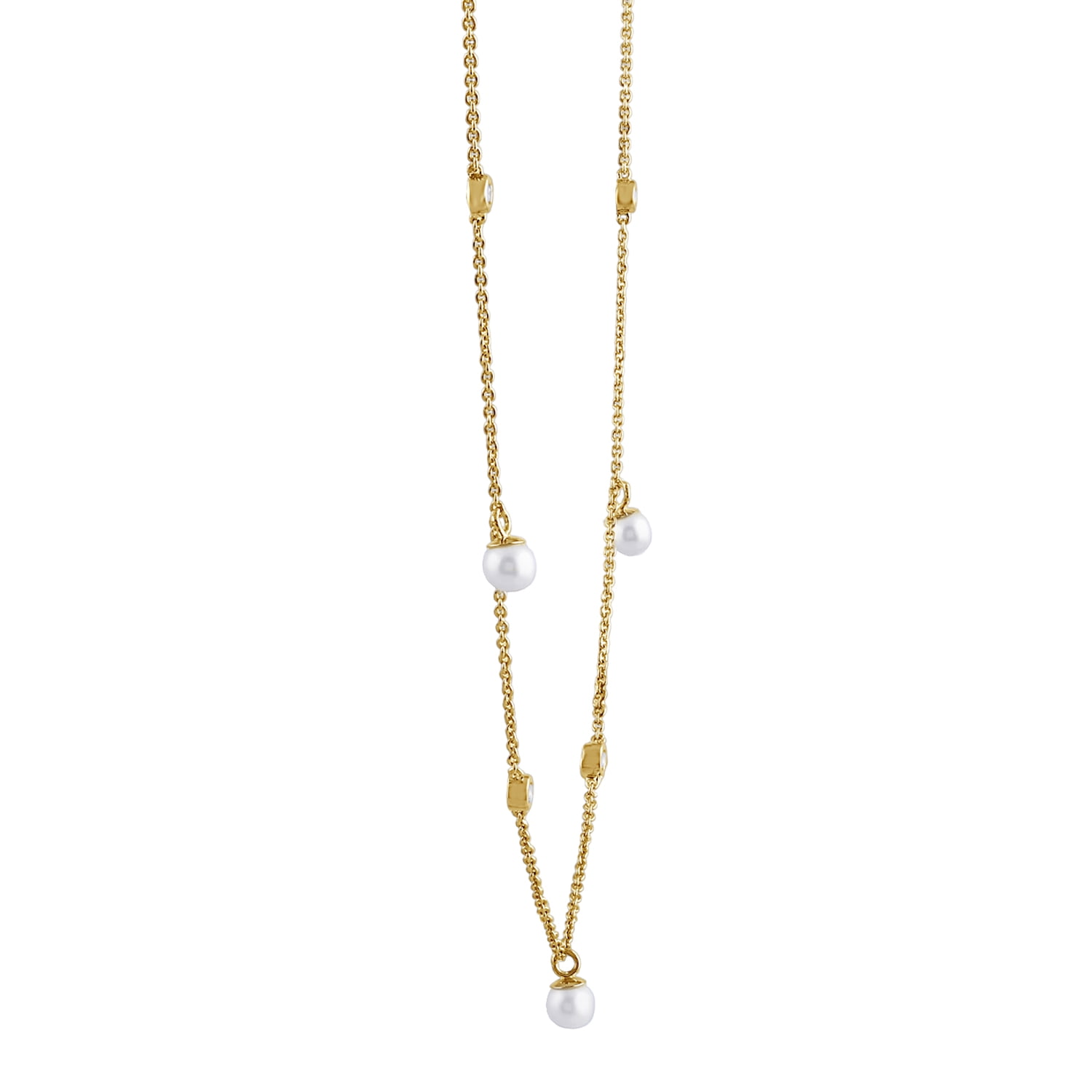 Brilliance Fine Jewelry Lab-Grown Diamond and Pearl Station Necklace in Yellow Gold-Plated Silver