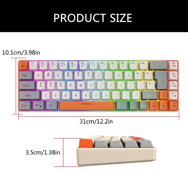 RGB Backlit Gaming Keyboard 68Keys, Ergonomic USB Wired Keyboard with Detachable USB Type C Cable for PC and IOS