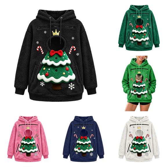 Christmas Santa Reindeer Pet Pouch Hoodie, Drop Shoulder Carrier Sweatshirt with Side Zip for Festive Xmas Holiday Wear