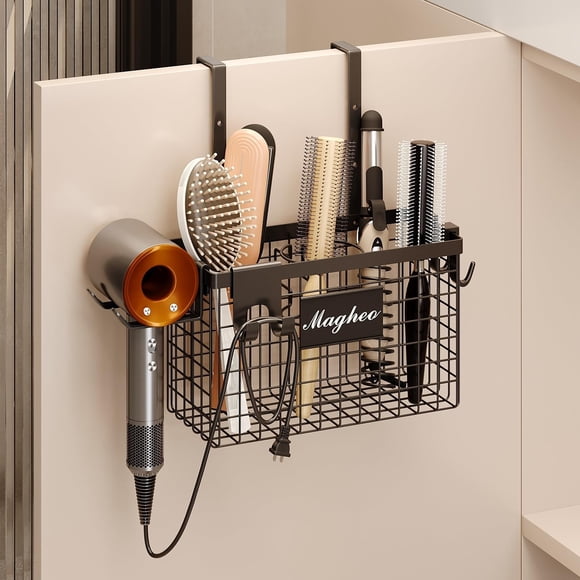 Soporte adhesivo 3 en 1 para puerta de armario para secador de pelo, negro