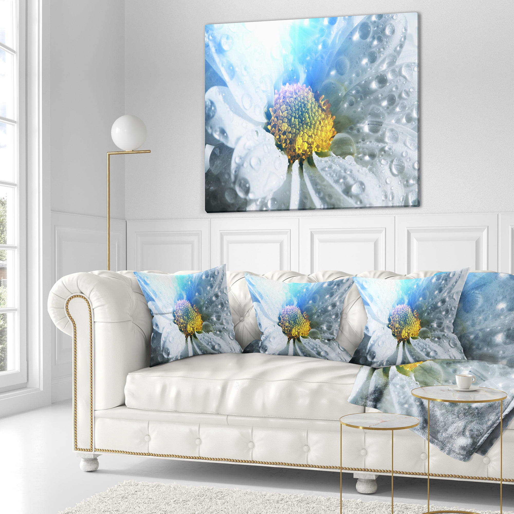 Designart Large White Flower with Raindrops - Floral Throw Pillow - 18x18