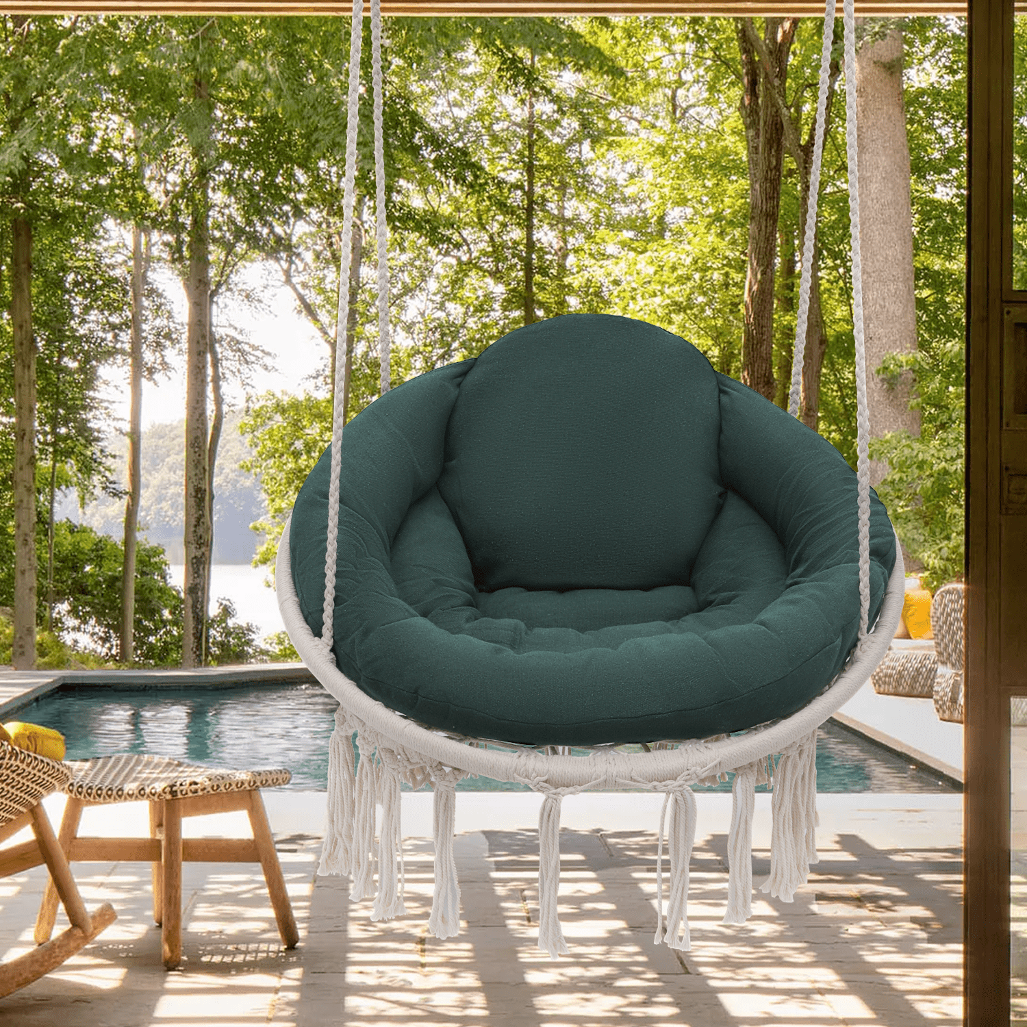 MoNiBloom Hammock Chair Hanging Swing with Macrame and Cushion Hanging Cotton Rope Chair for Indoor Outdoor Bedroom Patio Yard Deck Garden and