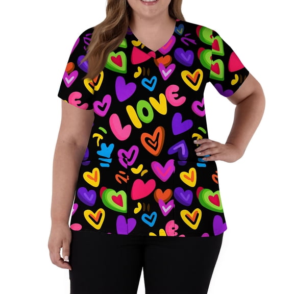 Lumtrix Scrubs Tops for Women Short Sleeve V Neck Cute Valentine's Day Printed shirt Side Slit Plus Size Uniform with Pockets Green M