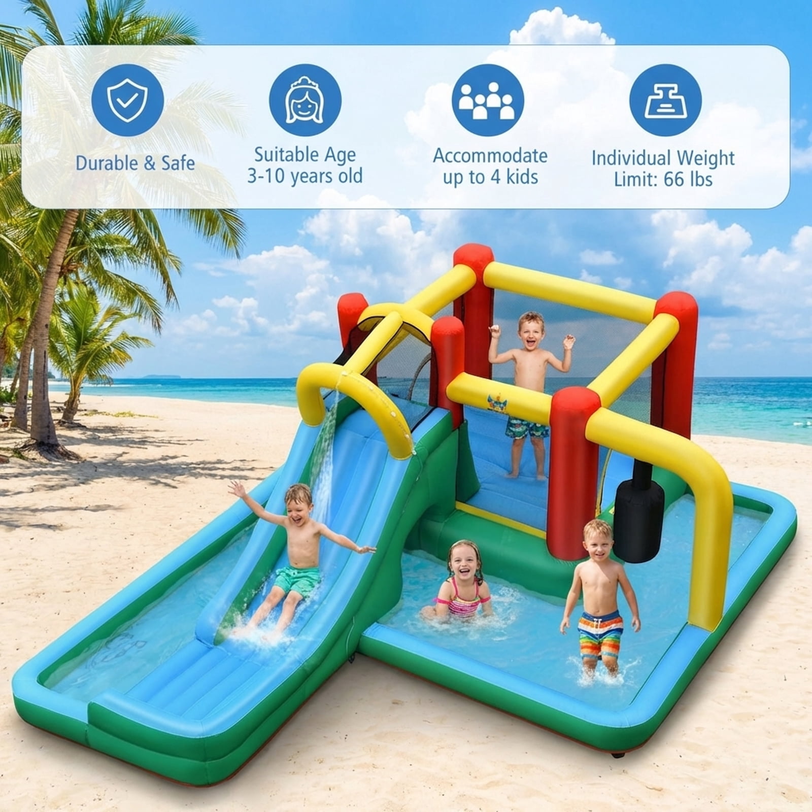 Redsmile Inflatable Water Slide Climbing Bounce House with Tunnel and Pendulum for Kids Aged 3-10 Outdoor Backyard Fun - Blue Yellow Red