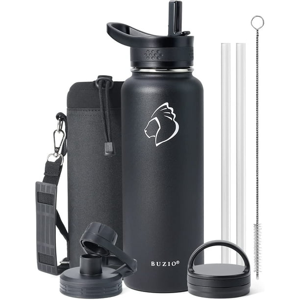 Buzio Insulated Water Bottle 40 oz with Straw & 3 Lids, Stainless Steel