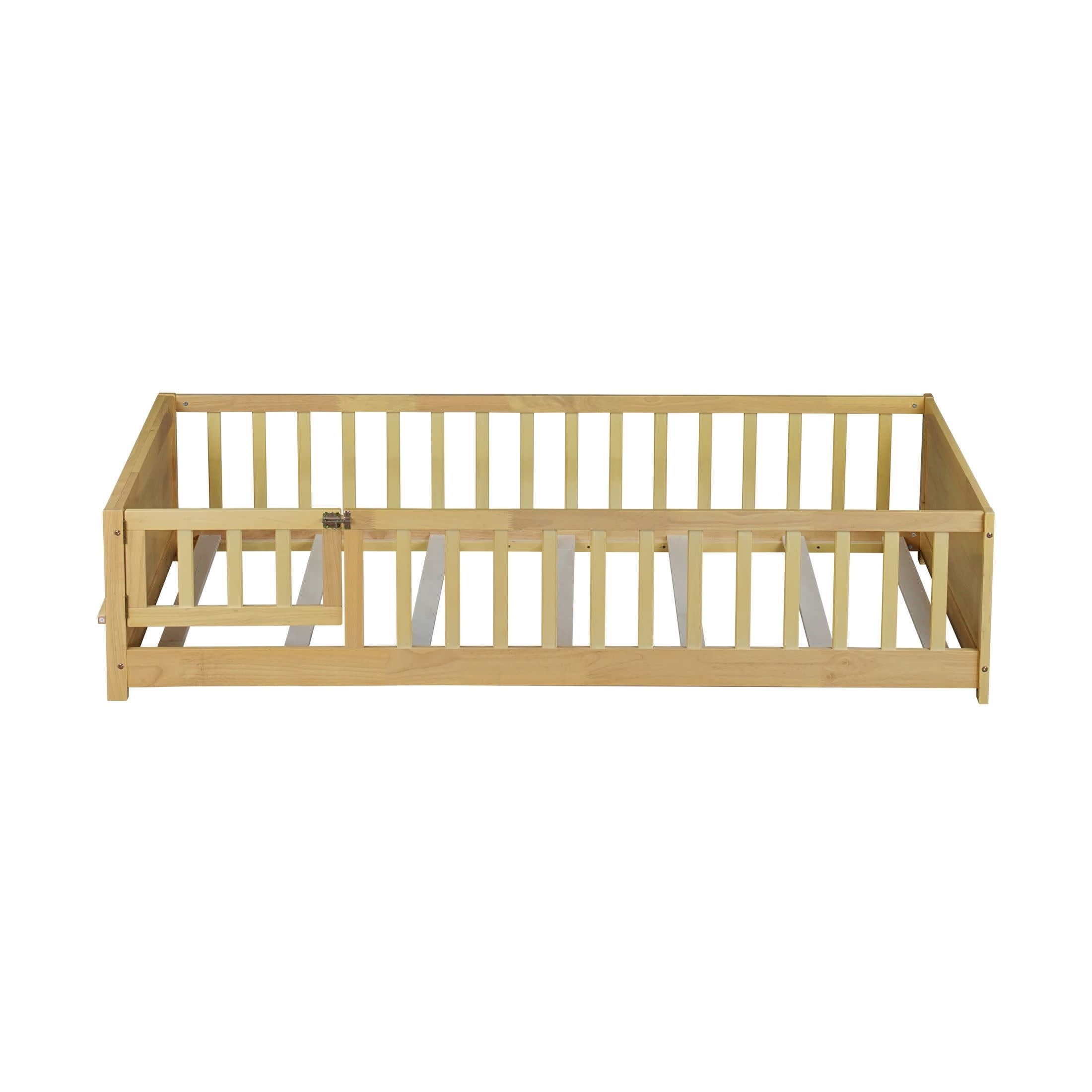 Noble House Devon Twin Floor Bed with Built-in Book Rack and Door, Sturdy Rubber Wood Montessori Bed with Fence, Natural