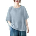 thumbnail image 1 of Vestidos Casuales Para Mujer, Blusas De Mujer De Moda Blusa de mujer de color liso de imitación de lino con hombros descubiertos, manga corta, cuello redondo y dobladillo con abertura, 1 of 5