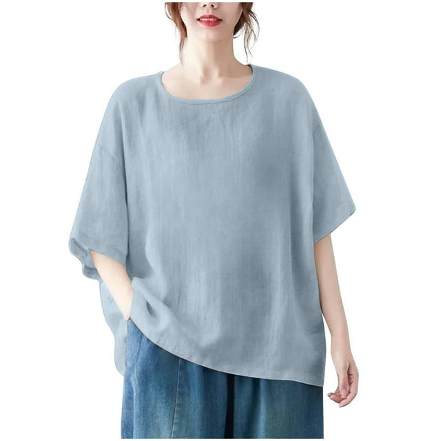 Vestidos Casuales Para Mujer, Blusas De Mujer De Moda Blusa de mujer de color liso de imitación de lino con hombros descubiertos, manga corta, cuello redondo y dobladillo con abertura