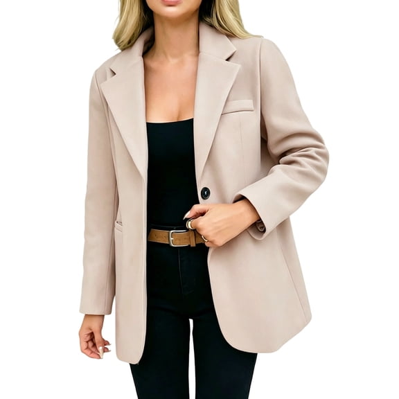 MaFYtyTPR Blazer for Women Long Sleeve Single Button Loose Fit Casual Office Suit Jacket With Chest Pockets A-Beige L
