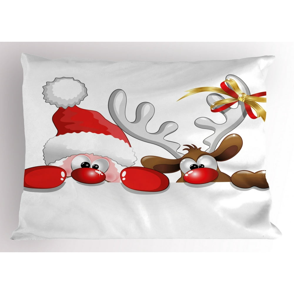 Christmas Pillow Sham Funny Christmas Santa Claus and Reindeer Peeking