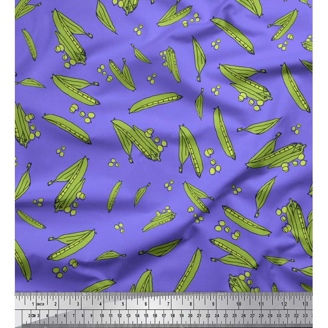 Soimoi Purple polyester Crepe Fabric Green Peas Vegetable Decor Fabric Printed Yard 52 Inch Wide