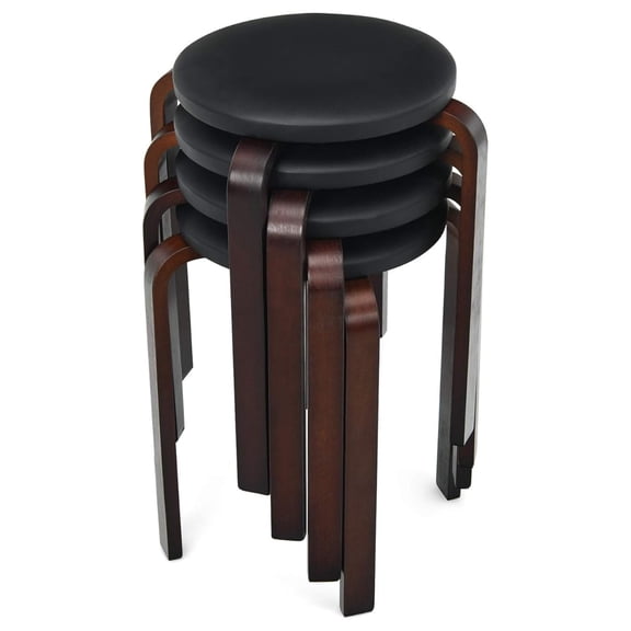 Round Wooden Stools, 4 Sets Stackable Wood Bar stools w/Cushioned Seat, Non-Slip Foot Pads, Backless Bentwood Stools for Dinning, Living Room, Class Room (Black)