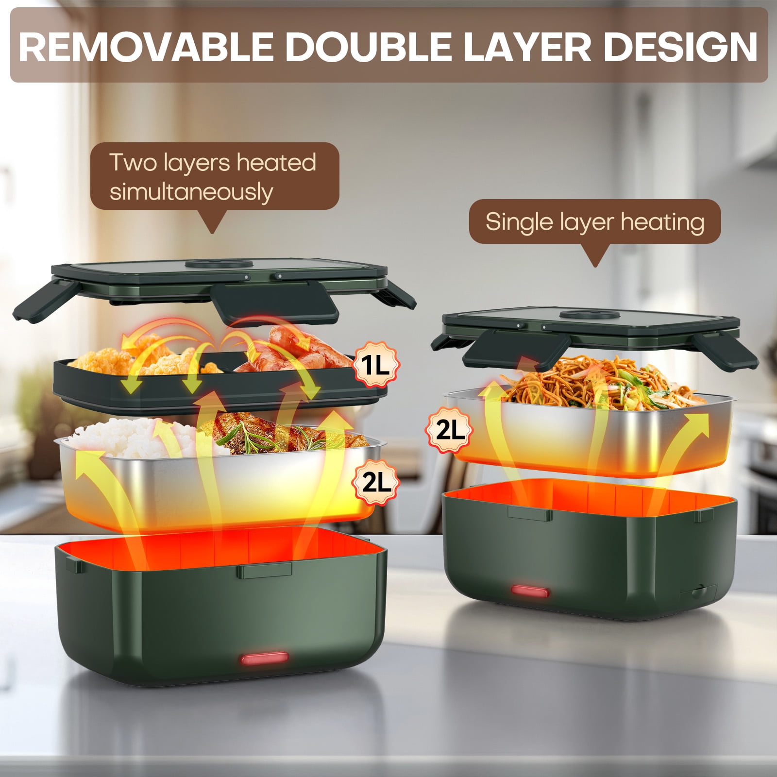 Electric Heated Lunch Box for Men - 3 Liters Double Layer Portable Food Warmer for Car Truck 90 W Self Heating Lunch Box for Adults Food Heater for Work Travel Camping lonchera,Green