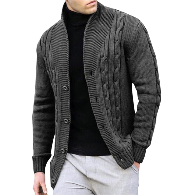 Grrvtrz Men's Chunky Knit Sweater, Cable Knit Cardigan Button Down Stand Up Collar Ribbed Sweater Coat