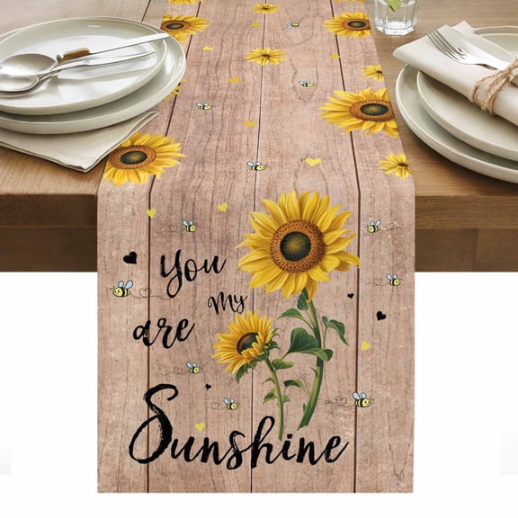 Wood Sunflowers Table Runner - 70 Inch Long, Kitchen Dining Table Runner Dresser Scarves, Vintage Garden Floral Bees Farmhouse Farmhouse Decor for Coffee Tables Wedding Party Banquet