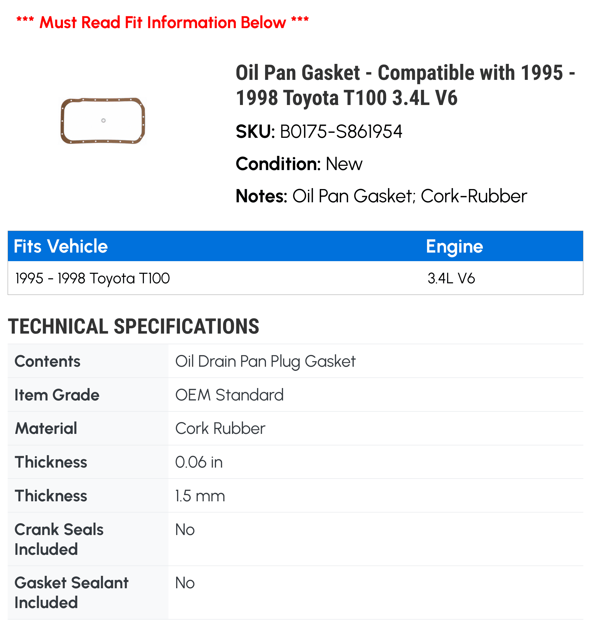 Oil Pan Gasket - Compatible with 1995 - 1998 Toyota T100 3.4L V6 1996 1997