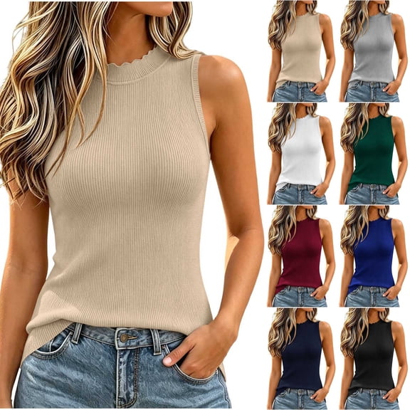 Cmtiyu Tank Tops for Women, Crew Neck Cinched Waist Sleeveless Ribbed Knit Tops, Casual Daily Slim Fit Blouses, S-2XL