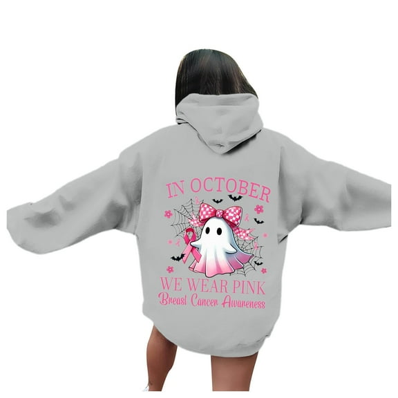 Womens Long Sleeve Hooded Sweatshirt Drawstring Pink Ribbon Graphic Cancer Awareness Hoodies with Pockets Loose Fit Pullover Tops
