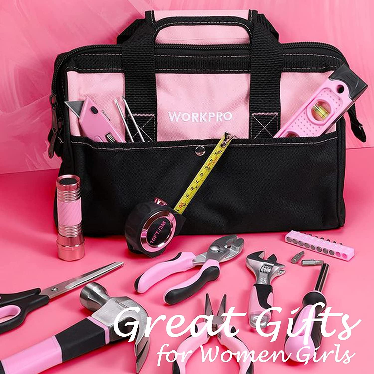 WORKPRO Pink Tool Kit, 106-Piece Lady's Home Repairing Tool Set with Wide Mouth Open Storage Bag - Pink Ribbon