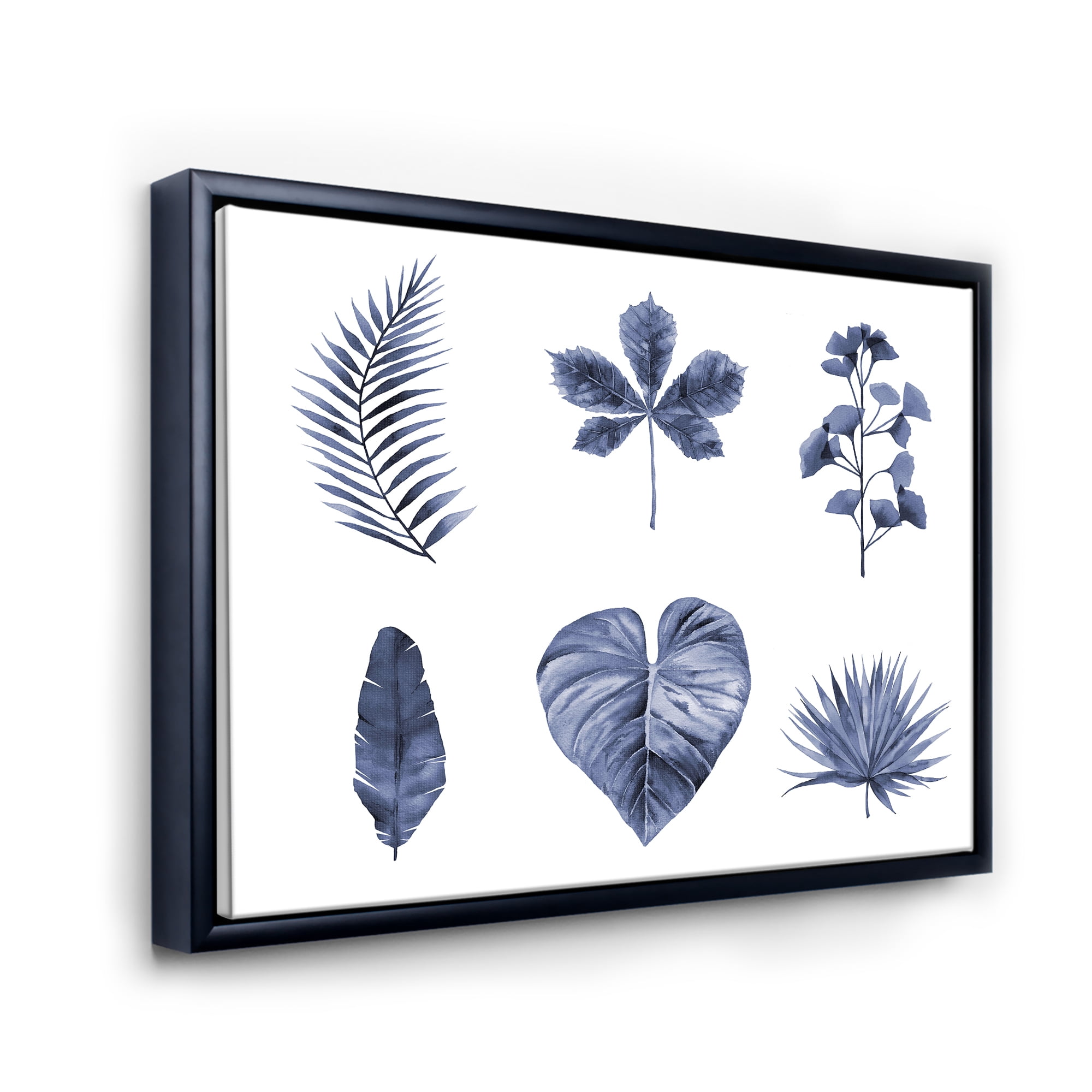 Designart 'Abstract Set Of Plant Leaves Blue' Traditional Framed Canvas Wall Art Print