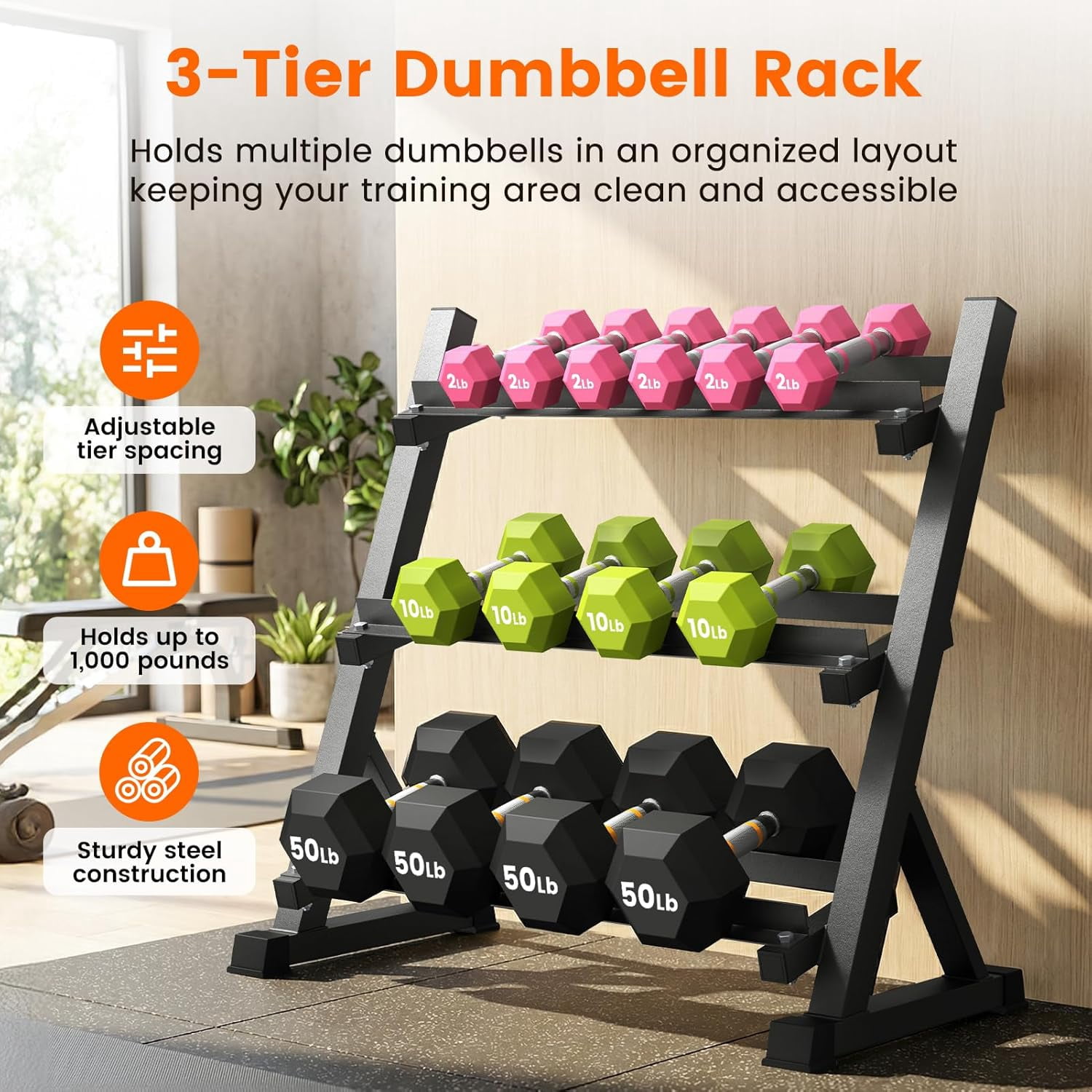 3-Tier Adjustable Dumbbell Weight Rack, Heavy Duty Steel Stand Only for Home Gym, Black