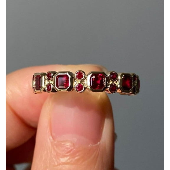 Vintage Ruby Wedding Band, Princess-Cut Ruby Ring, Bezel Setting Band, July Birthstone, Ruby Engagement Ring Half Eternity Band Promise Ring