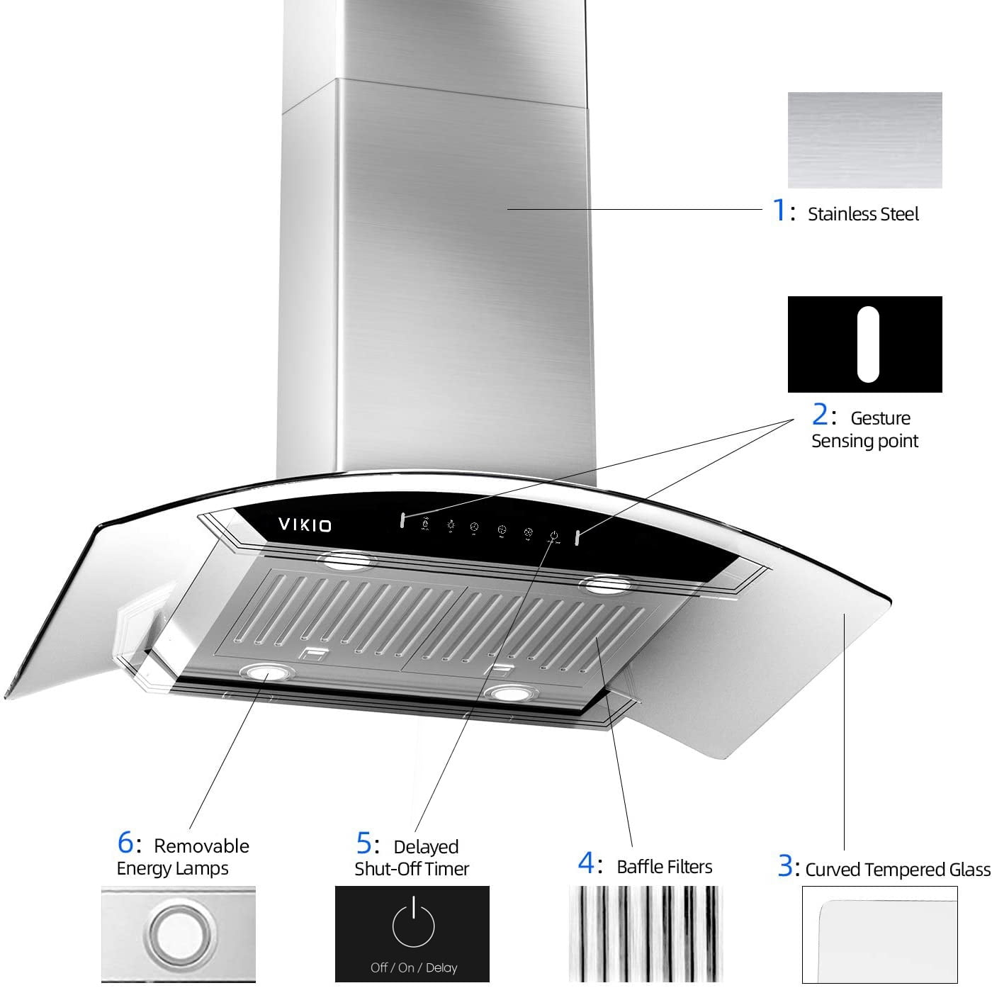VIKIO 30 Inch Island Range Hood 900 CFM Stainless Steel Curved Glass Kitchen Vent Hood with Gesture Control Dual Side Touch Panel 4 LED Lights ETL Certified