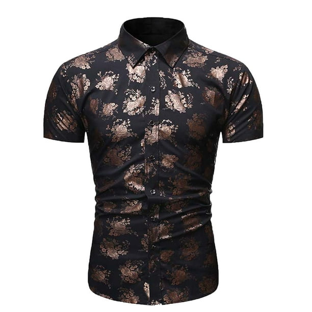 Camisa de manga corta con estampado floral de ajuste delgado para negocios con botones informales para hombres Pompotops oipoqjl47804