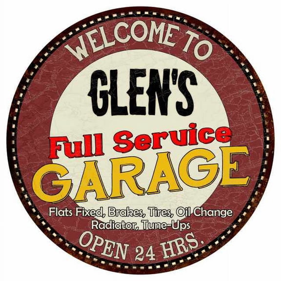 Glen's Full Service Garage 14" Round Metal Sign Man Cave Decor 100140037062