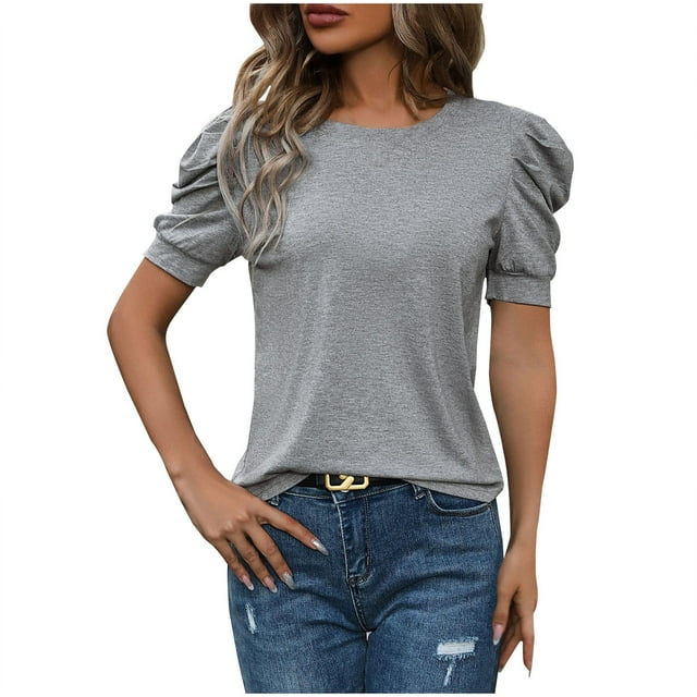 hotojiny Summer Tops for Women Fashion Crew Neck Work Office Shirts Soft Comfy Solid Color Puff Short Sleeve Tunic Blouse Spring Clothes