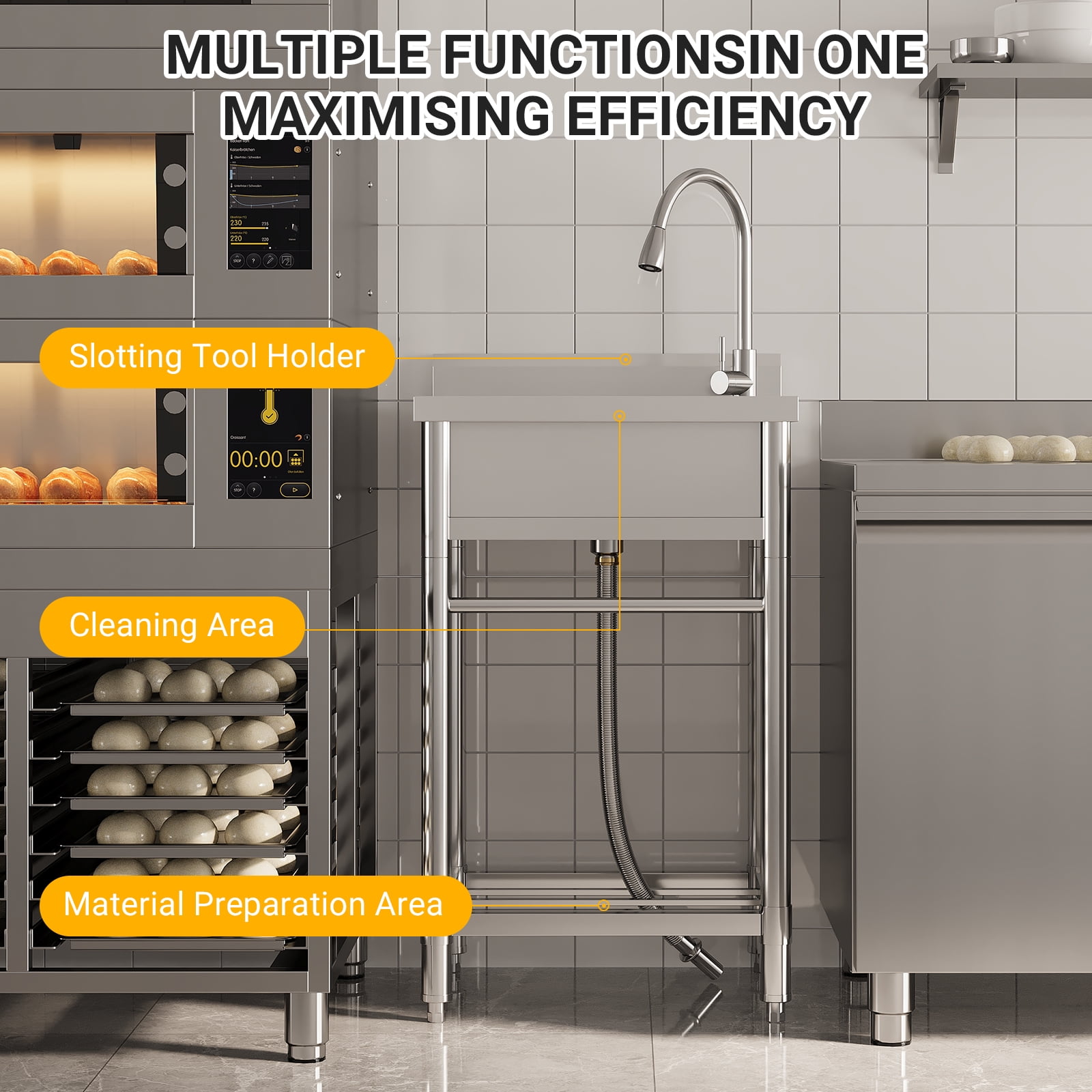 Freestanding Commercial Stainless Steel Sink,Single Bowl Kitchen Sink with Water Pipes,Adjustable Legs,Suitable for Laundry Room,Farmhouse(Water Pipe)