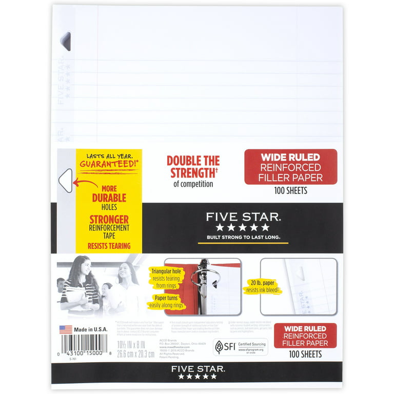 Five Star Filler Paper, Wide Ruled, Reinforced, Loose Leaf Paper, 100 Sheets/Pack, 3-Pack (38033)