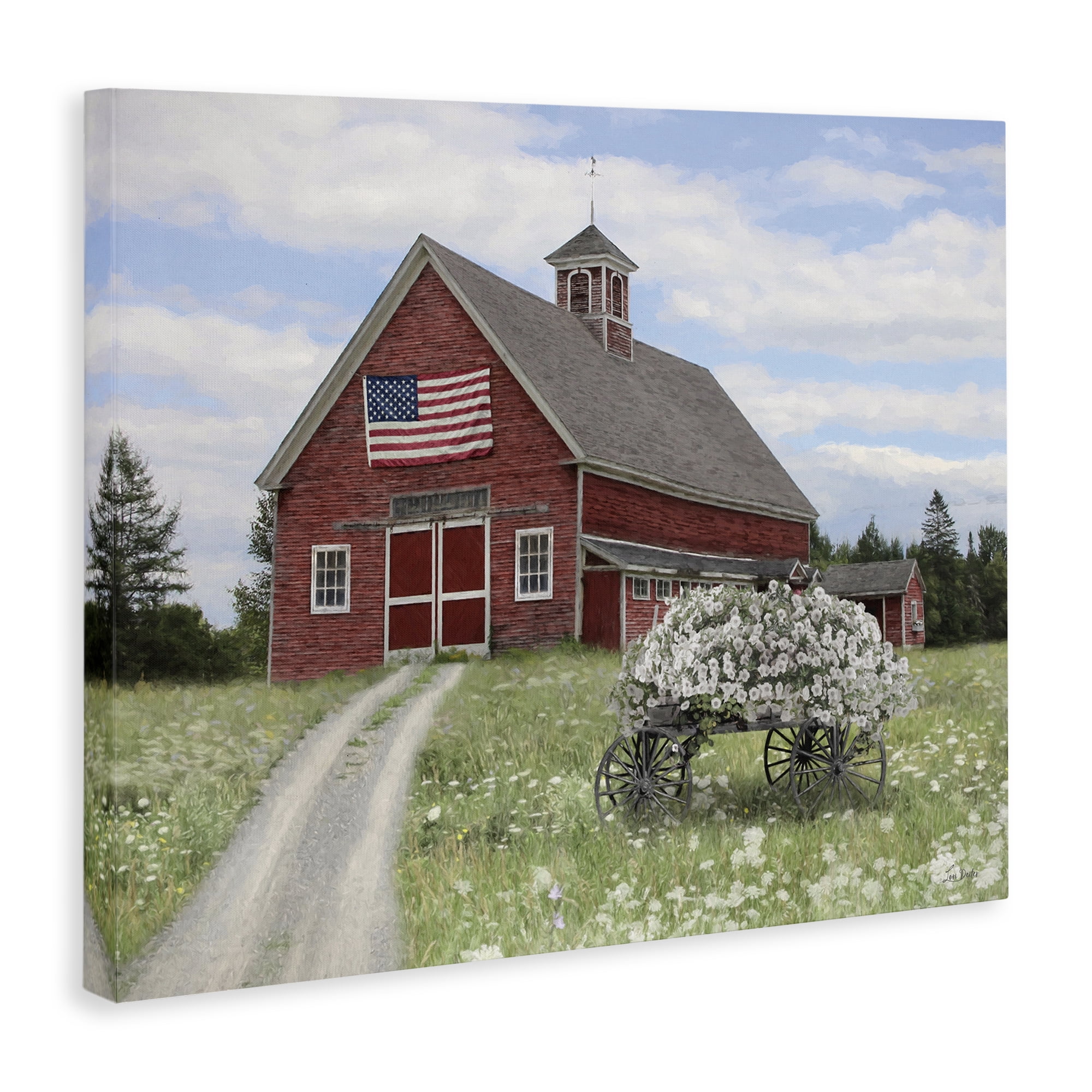 Stupell Industries Barn with Floral Wagon Patriotic Painting Wrapped Canvas Art Print Wall Art, 20 x 16
