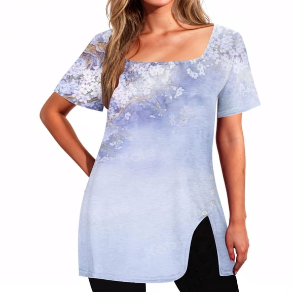 Njagoc3 Women鈥檚 Short Sleeve Ethnic Miao Vintage Print Loose Longline V-Neck Square Neck Button-Front Slit Hem T-Shirt