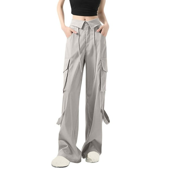 REALiKUN Women Baggy Work Pants High Waisted Cargo Pants Casual Loose Full Length Hiking Pants Solid Loose Wide Leg Trousers