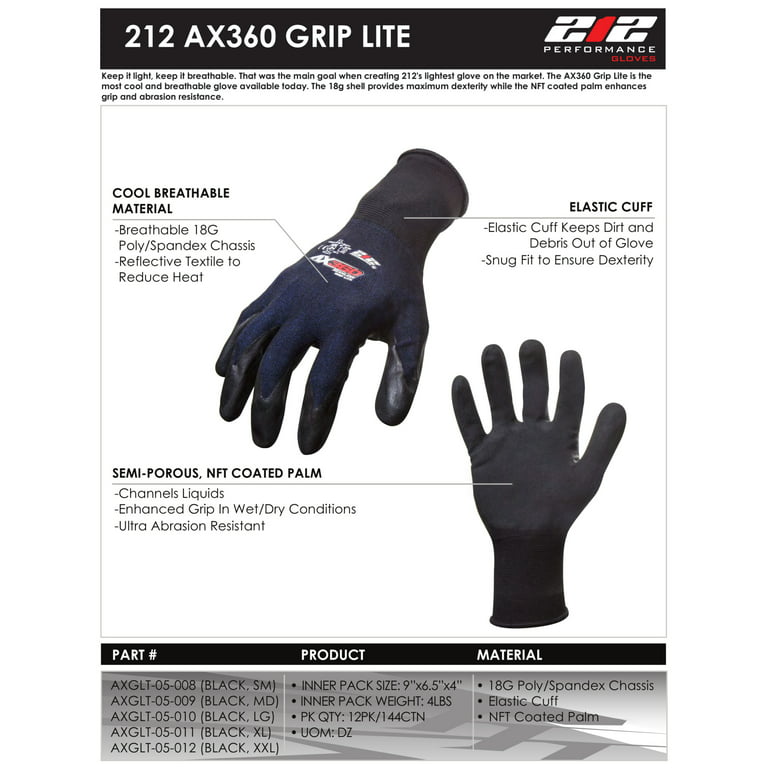 212 Performance AXGLT-05-012PR AX360 Grip Lite Nitrile-Dipped Work Glove, 1-Pair, XX-Large