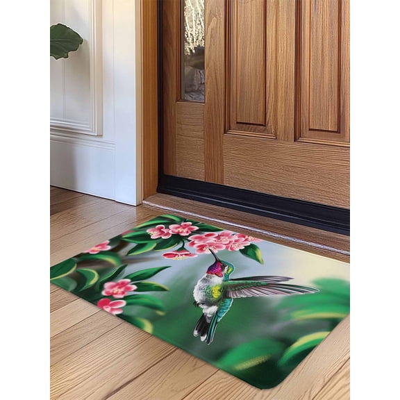 Green Hummingbird Door Mat Indoor Outdoor Entrance, Non Slip Rug for Kitchen Bathroom Entryway Rug, Spring Summer Pink Flower Leaf Washable Doormat Floor Mat for Office Home Decor 20x31.5 Inch