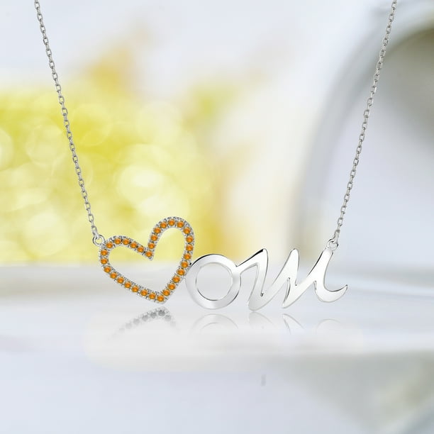 JeenMata Open Heart Mom with Decorated Yellow Stone Pendant Necklace in 18K White Gold over Silver November Birthstone Gift for Mom