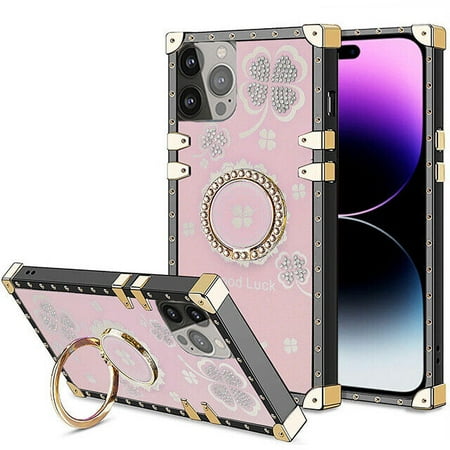 Floral Diamond Square Ring Stand Case for iPhone 15/15 Plus/15 Pro/15 Pro Max