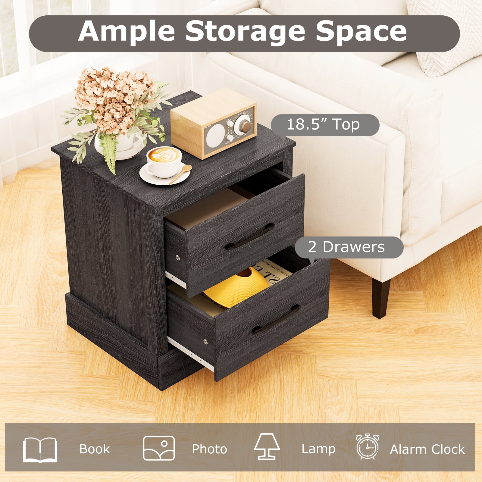 Gymax Set of 2 Drawer Nightstand Bedside Table Compact Sofa End Table Oak Dark Grey