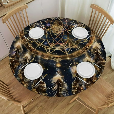 

Orinice Dream Catcher Feathers Stars Round Table Cover Stain Resistant Washable Indoor Outdoor Tablecloth Kitchen Dining Wedding Parties Table Cloth 100% Polyester Fiber 31-35