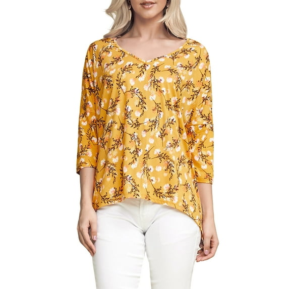 Doublju Women's 3/4 Sleeve Shark Bite Hem V-Neck Top with Plus Size