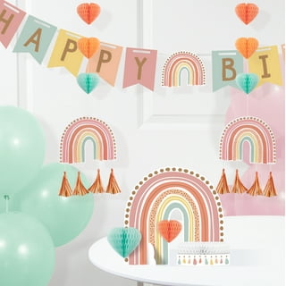 105pcs Boho Rainbow Birthday Decorations- Boho Party Tableware Set Supplies Include Boho Happy Birthday Banner,Boho Plates Cups Tablecloth and Paper