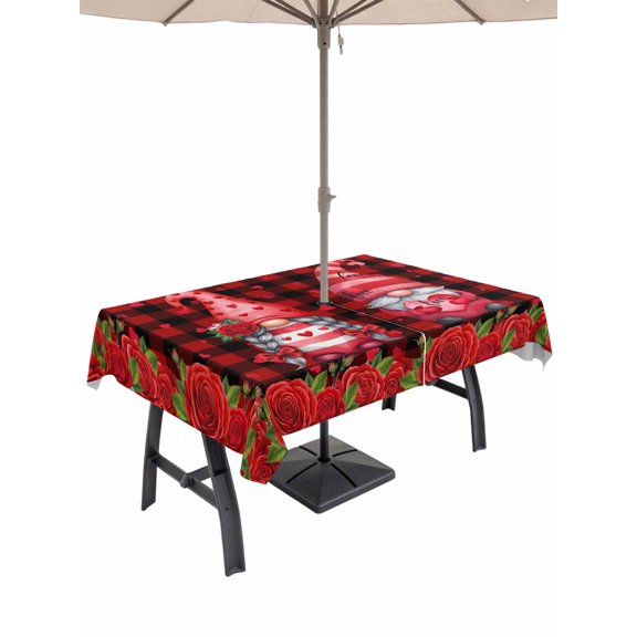 Outdoor Tablecloth with Umbrella Hole and Zipper, Valentine's Day Rectangle Table Cloth 60x84 Inch Waterproof Tablecloth, Gnomes Roses Love Red Plaid Romance Picnic Table Cover for Patio Camping