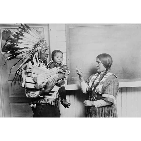 Chief Fish Wolf Robe in Native Dress and War bonnet, his child and wife-Fine art canvas print (20" x 30")