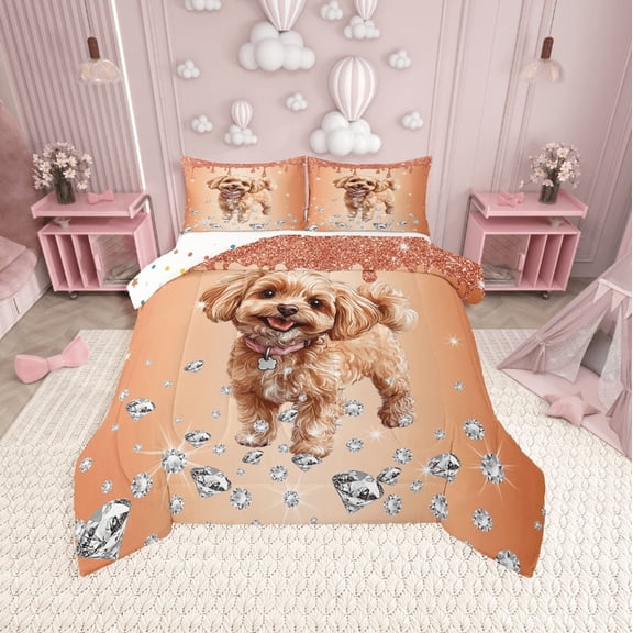 Erosebridal Teddy Dog Bedding Twin Comforter Set,Crystal Sequin Print Down Comforter,Bling Decor,Reversible,2-Piece